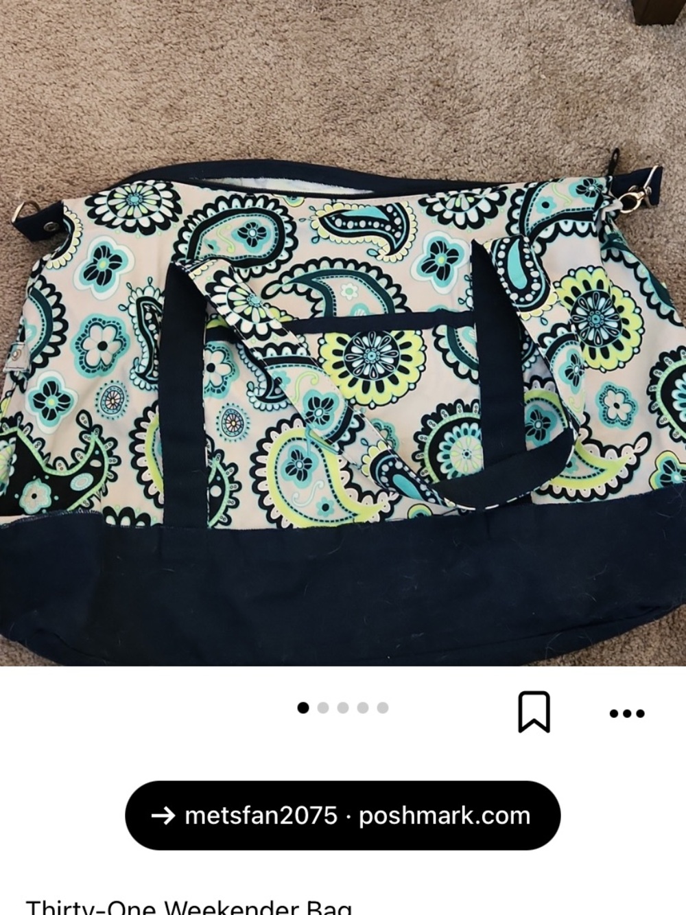 thirty-one Cream and Aqua Paisley Weekender Bag with Navy Trim